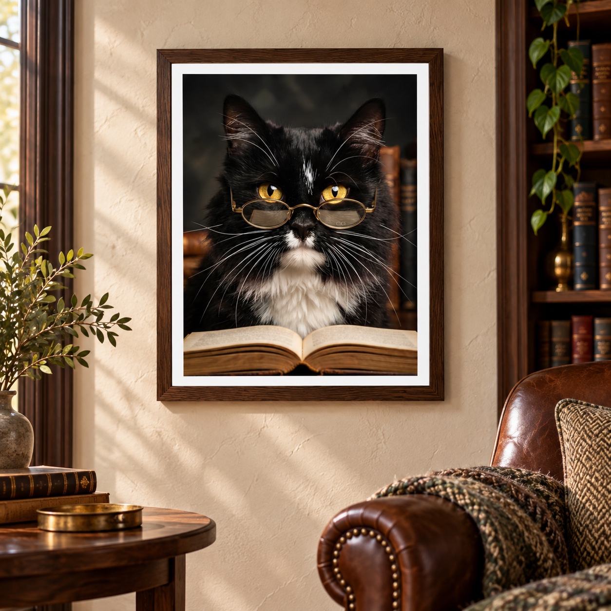 CiCi’s custom library cat portrait displayed in a framed reading-room mockup