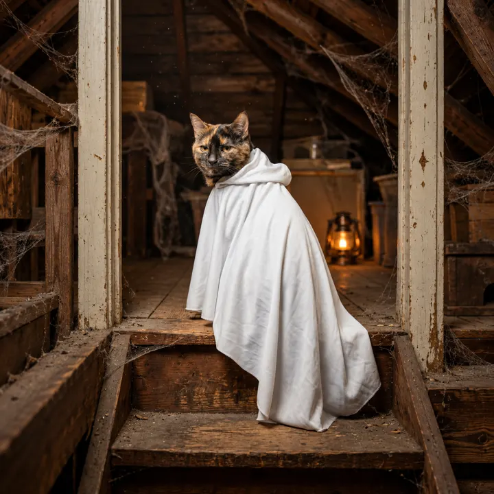 Tortoiseshell cat dressed as a friendly ghost on rustic attic stairs