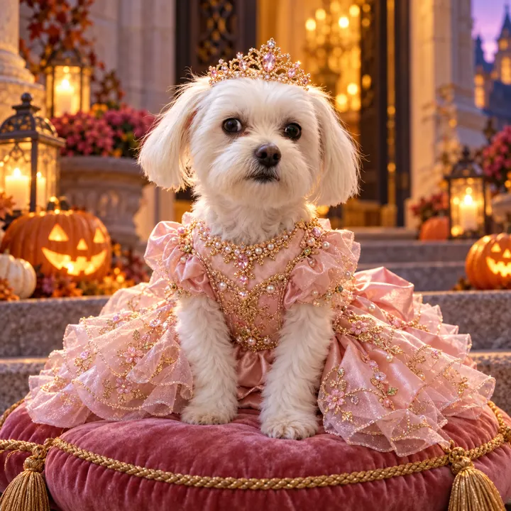 White female dog dressed as a Halloween princess