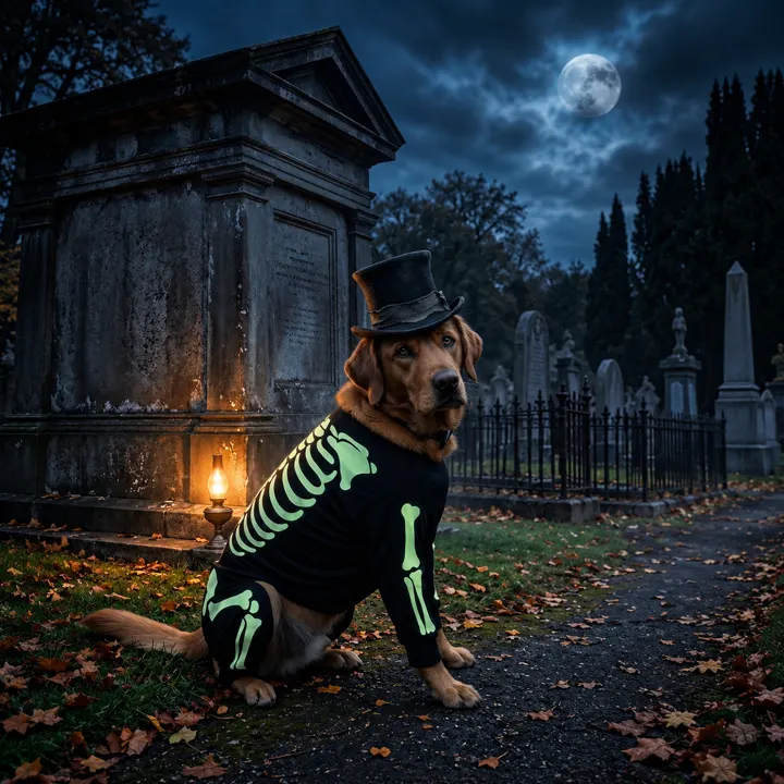 Brown dog in a skeleton costume and top hat in a moonlit cemetery