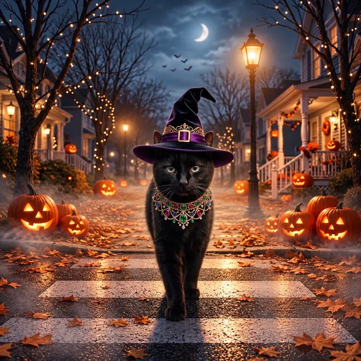 Black cat in a witch hat on a pumpkin-lined Halloween street